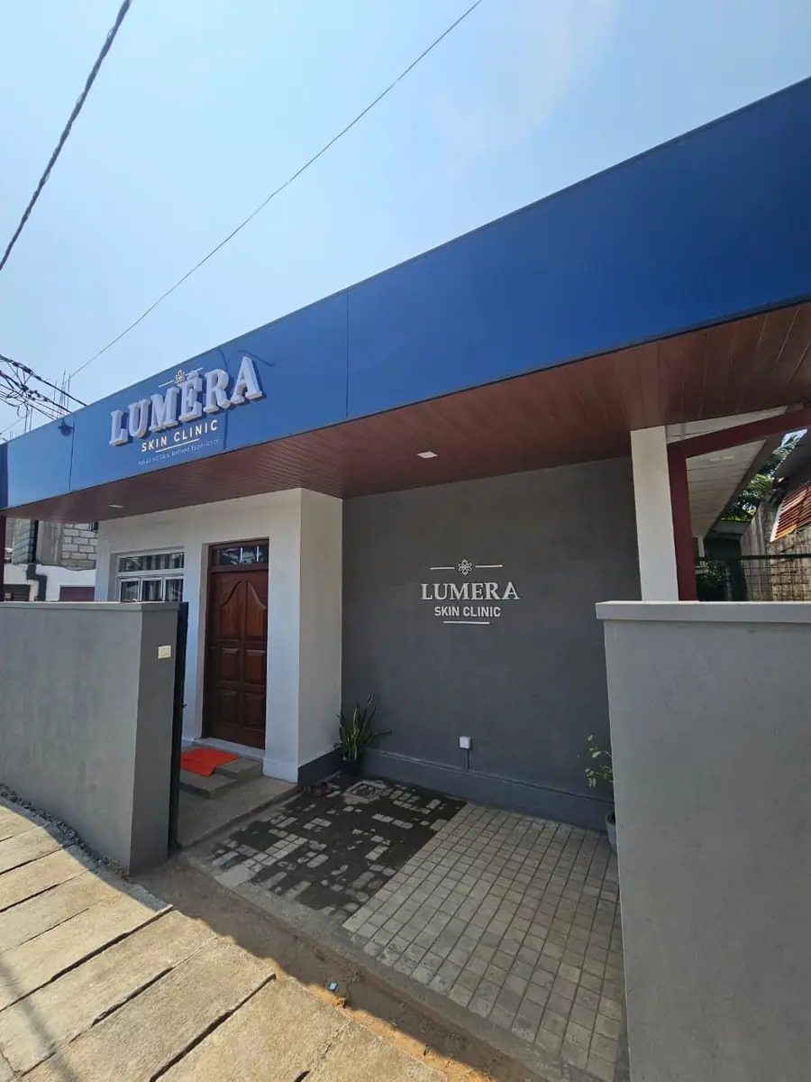 Clinic exterior with the blue Luméra sign, a 30 minute drive from Panadura